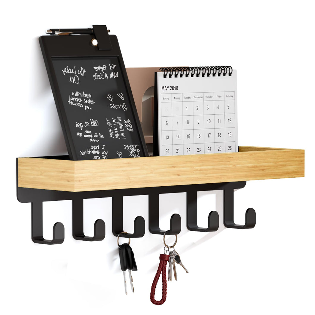 SWTYMIKI Key Holder with Wood Tray and 6 Hooks, Wall Mounted Key Racks, Key Hangers Home Decor Key Rack Mail Organizer for Hallway, Entryway, Bedroom, Mudroom, Office