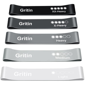 Gritin Resistance Bands, Set of 5 Skin-Friendly Resistance Fitness Exercise Loop Bands with 5 Different Strength Levels - Carrying Case Included - Ideal for Home, Gym, Yoga, Training