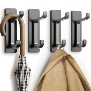 Self Adhesive Hooks, Extra Sticky and Strong, Hanging up to 6KG, Heavy Duty Stick on, No-Nail Hook for Back of Door, Black, 4 Pack