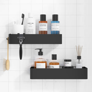 2 Pack Rustproof Shower Caddy - 2 Shelves, Drill-Free & Quick-Dry Shower Organizer, Rustproof Bathroom Shelves with 4 Hooks, Large, Black