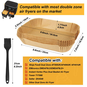 100pcs Air Fryer Liners for Ninja Dual, Air Fryer AF300UK AF400UK Accessories, Disposable Airfryer Parchment Paper Liners, Compatible with Ninja, Breville, Tower & Other Dual Zone Fryers