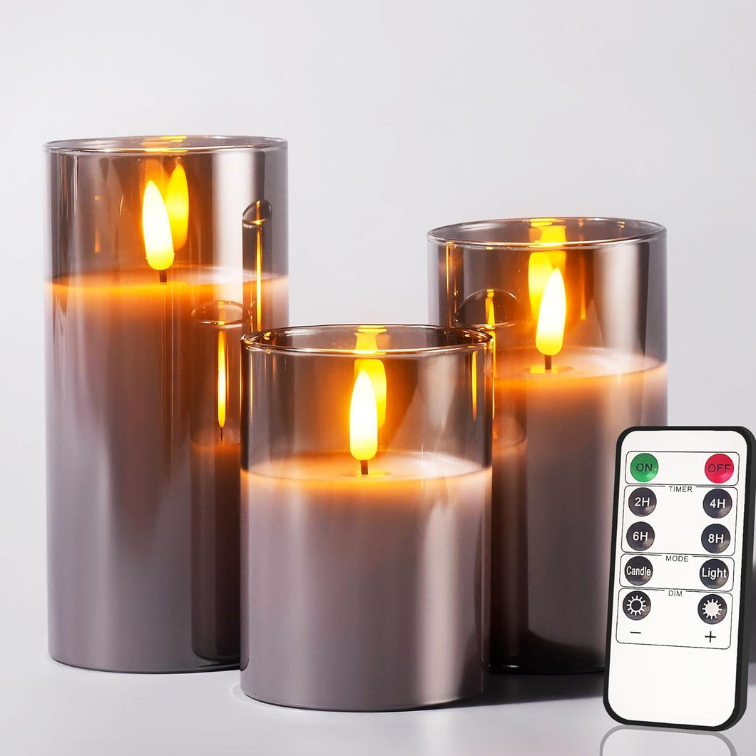 Glass Gold Real Wax LED Candles Flickering with Remote & Timer - Fake Candles Flickering Light, Battery Candles Set of 3, Festival, Room Decor, Home Decor