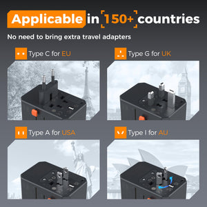 Universal Travel Adapter Worldwide with 2 USB C and 2 USB A Ports, Universal Plug Adaptor UK to World, International Adapter for EU, USA, UK, Australia, Thailand etc. not a Voltage Converter