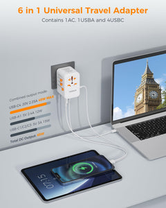 Universal Travel Adapter Worldwide with 2 USB C and 2 USB A Ports, Universal Plug Adaptor UK to World, International Adapter for EU, USA, UK, Australia, Thailand etc. not a Voltage Converter