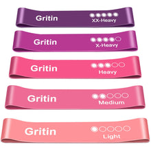 Load image into Gallery viewer, Gritin Resistance Bands, Set of 5 Skin-Friendly Resistance Fitness Exercise Loop Bands with 5 Different Strength Levels - Carrying Case Included - Ideal for Home, Gym, Yoga, Training
