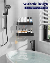 Load image into Gallery viewer, 2 Pack Rustproof Shower Caddy - 2 Shelves, Drill-Free &amp; Quick-Dry Shower Organizer, Rustproof Bathroom Shelves with 4 Hooks, Large, Black