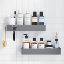 Load image into Gallery viewer, 2 Pack Rustproof Shower Caddy - 2 Shelves, Drill-Free &amp; Quick-Dry Shower Organizer, Rustproof Bathroom Shelves with 4 Hooks, Large, Black