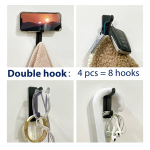 Self Adhesive Hooks, Extra Sticky and Strong, Hanging up to 6KG, Heavy Duty Stick on, No-Nail Hook for Back of Door, Black, 4 Pack