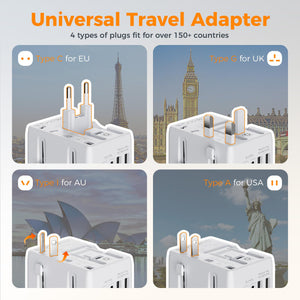 Universal Travel Adapter Worldwide with 2 USB C and 2 USB A Ports, Universal Plug Adaptor UK to World, International Adapter for EU, USA, UK, Australia, Thailand etc. not a Voltage Converter