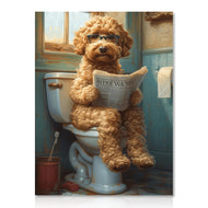 Framed Funny Bathroom Wall Art Decor Dog Reading Newspaper on Toilet, Vintage Dog Canvas Wall Art for Toilet Bathroom Decor 12x16 in