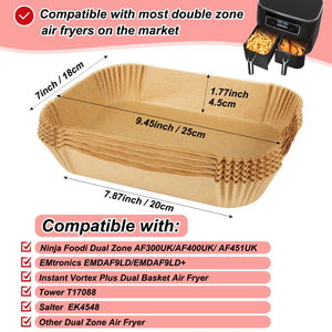 100pcs Air Fryer Liners for Ninja Dual, Air Fryer AF300UK AF400UK Accessories, Disposable Airfryer Parchment Paper Liners, Compatible with Ninja, Breville, Tower & Other Dual Zone Fryers