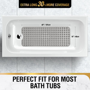 Non Slip Bath Mat for Tub, 101 x 40cm Extra Long Shower Mat Anti Mould, Machine Washable Bathroom Bathtub Mat with Suction Cups and Drain Holes, Soft on Feet, Clear
