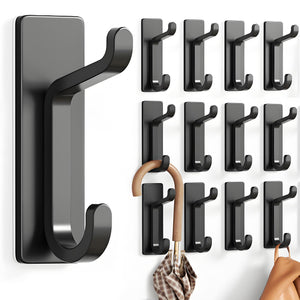 Self Adhesive Hooks, Extra Sticky and Strong, Hanging up to 6KG, Heavy Duty Stick on, No-Nail Hook for Back of Door, Black, 4 Pack