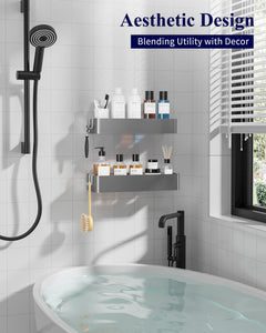 2 Pack Rustproof Shower Caddy - 2 Shelves, Drill-Free & Quick-Dry Shower Organizer, Rustproof Bathroom Shelves with 4 Hooks, Large, Black