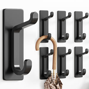 Self Adhesive Hooks, Extra Sticky and Strong, Hanging up to 6KG, Heavy Duty Stick on, No-Nail Hook for Back of Door, Black, 4 Pack