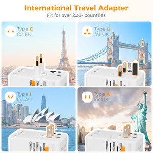 Universal Travel Adapter Worldwide with 2 USB C and 2 USB A Ports, Universal Plug Adaptor UK to World, International Adapter for EU, USA, UK, Australia, Thailand etc. not a Voltage Converter