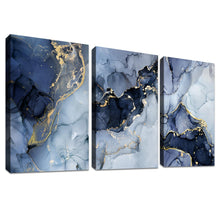 Load image into Gallery viewer, 3 Panels Wooden Framed Navy Blue White Gold Marble Canvas Wall Art Painting on Canvas Print Picture for Living Room Hallway Stairs Bedroom Bathroom Wall Decor Ready To Hang 90x40cm(12&quot;x16&quot;x3pcs)