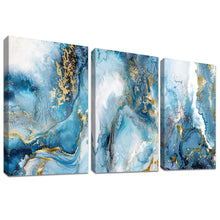 Load image into Gallery viewer, 3 Panels Wooden Framed Navy Blue White Gold Marble Canvas Wall Art Painting on Canvas Print Picture for Living Room Hallway Stairs Bedroom Bathroom Wall Decor Ready To Hang 90x40cm(12&quot;x16&quot;x3pcs)