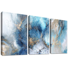 Load image into Gallery viewer, 3 Panels Wooden Framed Navy Blue White Gold Marble Canvas Wall Art Painting on Canvas Print Picture for Living Room Hallway Stairs Bedroom Bathroom Wall Decor Ready To Hang 90x40cm(12&quot;x16&quot;x3pcs)