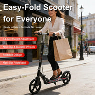 Foldable Commuter Scooter with Adjustable Handle Height Black Frame Rear Brake and Suspension for Kids Ages 6-12 And Adults
