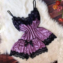Load image into Gallery viewer, Summer Pyjamas Women Velvet Bow Sleepwear Sleeveless Strap Nightwear Lace Trim Cami Top Pajama Sets Femme Sexy Lingerie