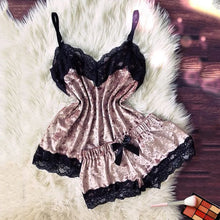 Load image into Gallery viewer, Summer Pyjamas Women Velvet Bow Sleepwear Sleeveless Strap Nightwear Lace Trim Cami Top Pajama Sets Femme Sexy Lingerie