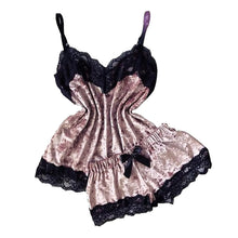 Load image into Gallery viewer, Summer Pyjamas Women Velvet Bow Sleepwear Sleeveless Strap Nightwear Lace Trim Cami Top Pajama Sets Femme Sexy Lingerie