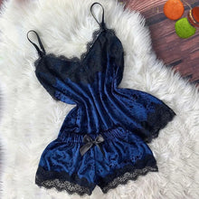 Load image into Gallery viewer, Summer Pyjamas Women Velvet Bow Sleepwear Sleeveless Strap Nightwear Lace Trim Cami Top Pajama Sets Femme Sexy Lingerie