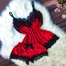 Load image into Gallery viewer, Summer Pyjamas Women Velvet Bow Sleepwear Sleeveless Strap Nightwear Lace Trim Cami Top Pajama Sets Femme Sexy Lingerie