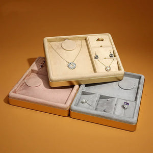 Velvet Jewelry Display Tray Box Pink Beige Gray Green Necklace Organizer