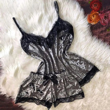 Load image into Gallery viewer, Summer Pyjamas Women Velvet Bow Sleepwear Sleeveless Strap Nightwear Lace Trim Cami Top Pajama Sets Femme Sexy Lingerie