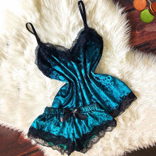 Load image into Gallery viewer, Summer Pyjamas Women Velvet Bow Sleepwear Sleeveless Strap Nightwear Lace Trim Cami Top Pajama Sets Femme Sexy Lingerie