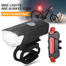 Load image into Gallery viewer, USB Rechargeable Bike Light Set Front and Rear 3 Modes Easy Install Bicycle Light