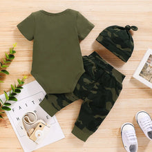 Load image into Gallery viewer, Newborn Baby Boy Summer Outfit Set 3pcs Letters Romper + Camo Pants + Hat