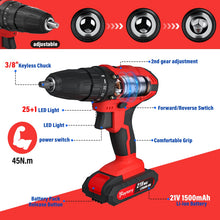 Load image into Gallery viewer, 21V Cordless Drill,45Nm Electric Screwdriver Set with 29PCS Accessories, 2 Variable Speed for Home DIY Project Kit