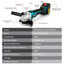 Load image into Gallery viewer, Gisam 125MM Brushless Electric Angle Grinder Variable Speed M14 Cutting Machine Woodworking Tool for Makita 18v Battery Pin