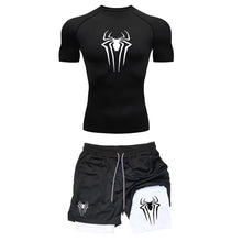 Load image into Gallery viewer, Men's Workout Compression Set Y2K Spider Printed Gym Tshirts Breathable Running Shorts Quick Dry Sports Rash Guard Sportwear Set