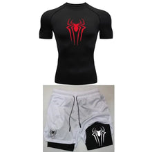 Load image into Gallery viewer, Men's Workout Compression Set Y2K Spider Printed Gym Tshirts Breathable Running Shorts Quick Dry Sports Rash Guard Sportwear Set