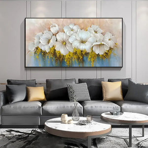 Scandinavian Luxury Wall Art Large White Floral Gold Leaf Abstract Poster Print