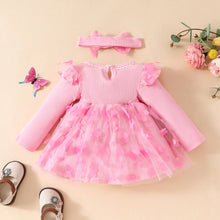 Load image into Gallery viewer, Cute Baby Girl Dress 0-3 Years Long Sleeves Netting Butterfly Ruffled Bow Tie Overall + Headband