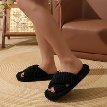 Load image into Gallery viewer, Women Corduroy Cross Strap Home Slippers Men Soft Warm Flat Slides Family Indoor Fashion Concise Plush Sandals For Four Seasons