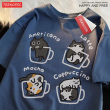 Load image into Gallery viewer, Cat Coffee Pure Cotton Trendy Summer Loose Short Sleeved T-shirt Men Women Original Mocha Latte Cat Three Flowers Fun Cat Tees