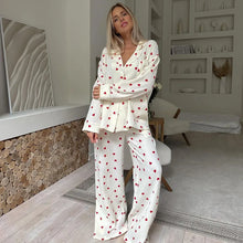 Load image into Gallery viewer, Summer New Love Heart Print Pyjama 100% Cotton Long Sleeve Set 2Pcs Outfit Lapel Sleepwear Button Down Women's Pajamas Nightwear