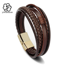 Load image into Gallery viewer, Men Multilayer Leather Bracelet Stainless Steel Braided Rope 21cm