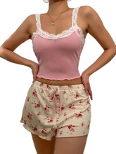 Load image into Gallery viewer, Women Pajama Set Lace Patchwork V-Neck Sleepwear Sexy Nighties Suit Camisole Top Printed Shorts Soft Pyjamas Loungewear