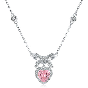 925 Sterling Silver Bow Pendant Necklace with Heart Pink Zircon, Gift for Women