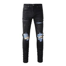 Load image into Gallery viewer, Men&#39;s Black Graffiti Ripped Jeans - Slim Fit Patchwork Denim with Painted Letters