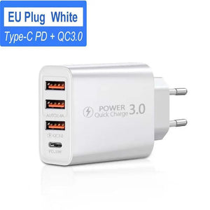 Type C USB Quick Charger: 4 Port PD Cell Phone Power Adapter White