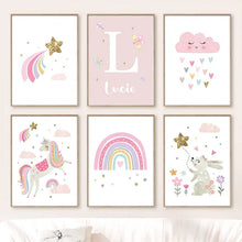 Load image into Gallery viewer, Pink Unicorn Canvas Painting Rabbit Rainbow Cloud Flower Nursery Wall Art Poster Print