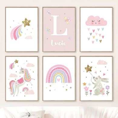 Pink Unicorn Canvas Painting Rabbit Rainbow Cloud Flower Nursery Wall Art Poster Print